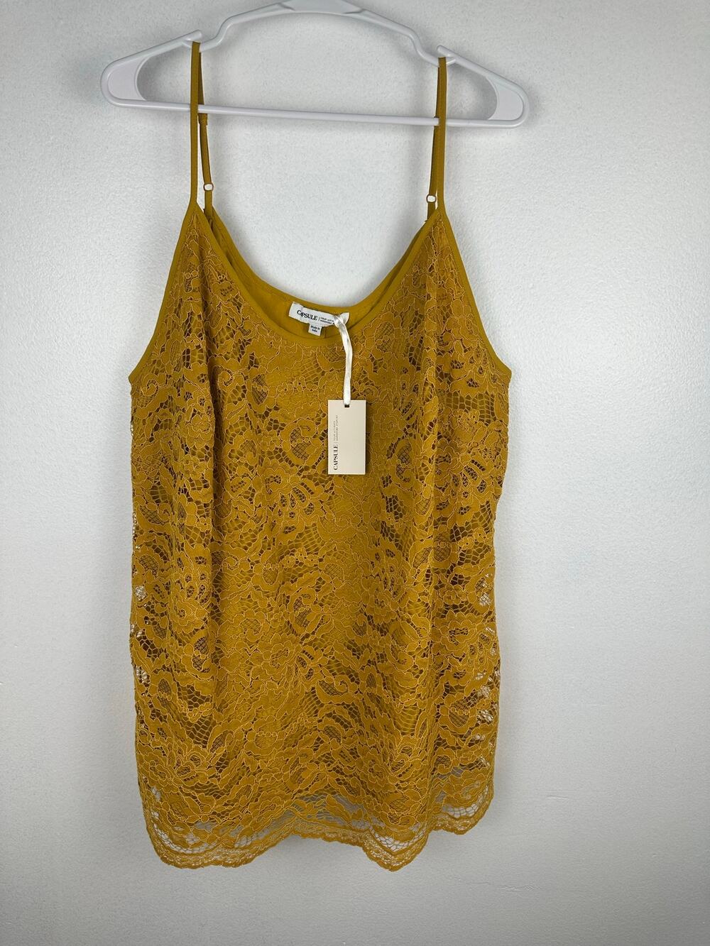 Capsule Women's fall top spaghetti straps mustard light brown lace overlay 18